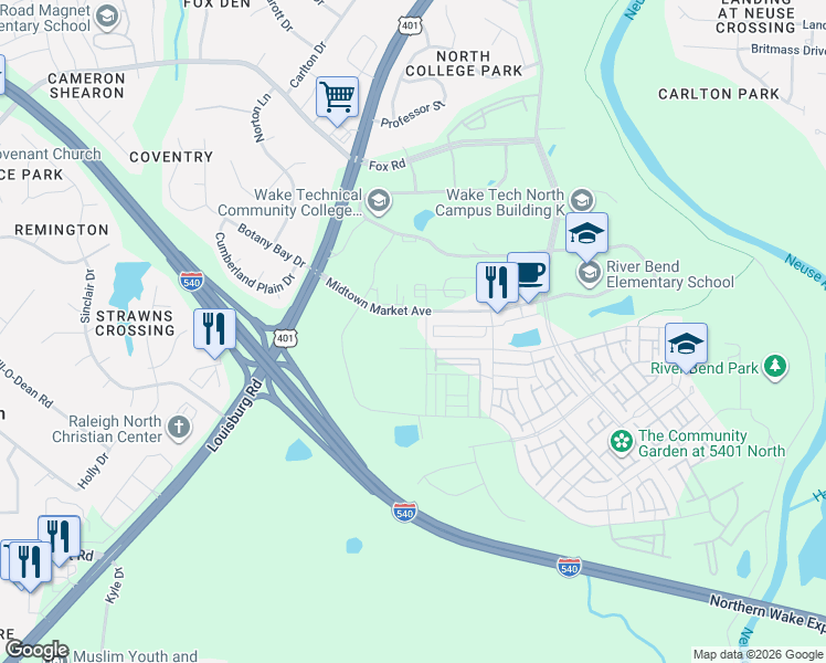 map of restaurants, bars, coffee shops, grocery stores, and more near 7740 Midtown Market Avenue in Raleigh