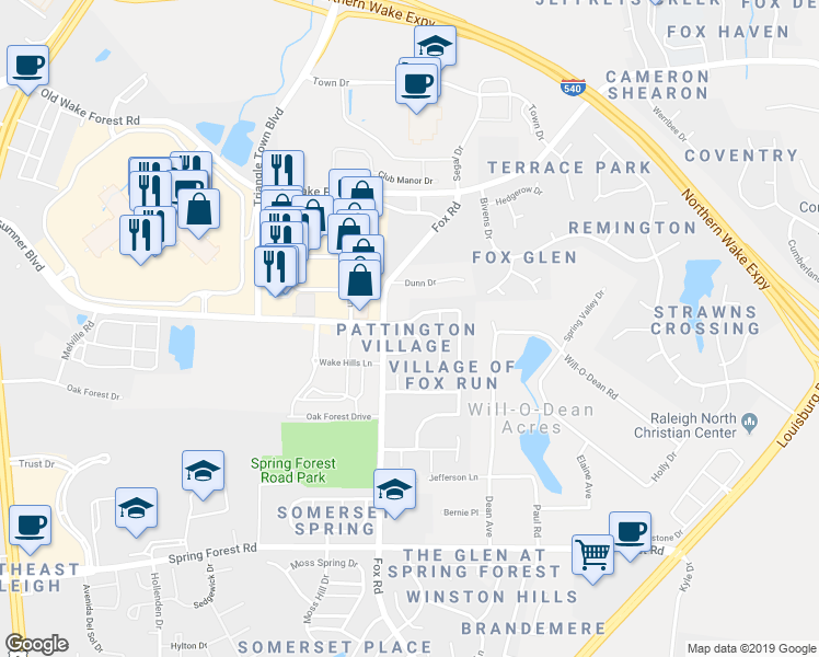 map of restaurants, bars, coffee shops, grocery stores, and more near 4621 Malone Court in Raleigh