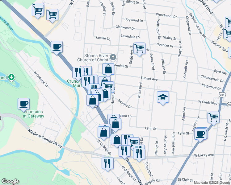 map of restaurants, bars, coffee shops, grocery stores, and more near 1011 West Clark Boulevard in Murfreesboro