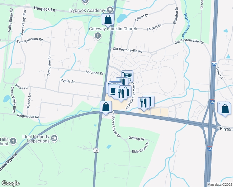 map of restaurants, bars, coffee shops, grocery stores, and more near 317 Levisa Lane in Franklin