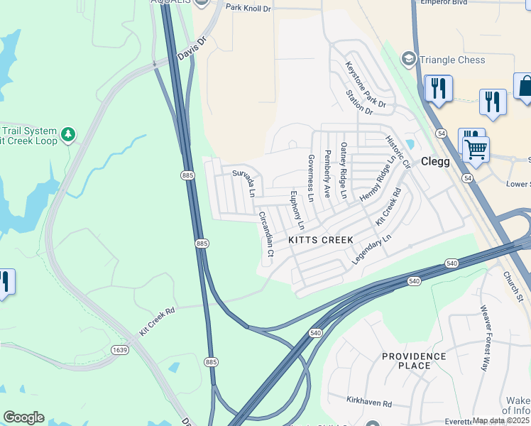 map of restaurants, bars, coffee shops, grocery stores, and more near 1009 Circandian Court in Morrisville