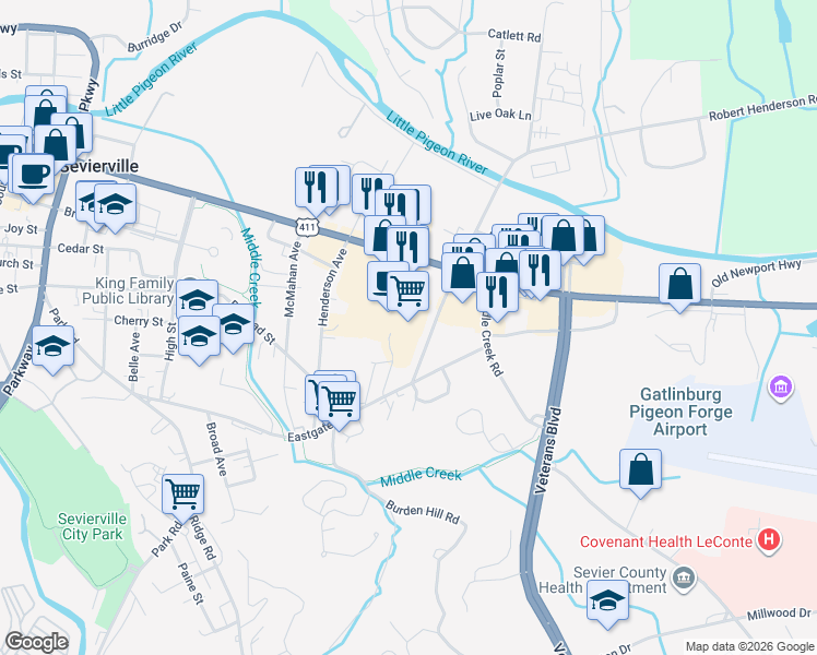 map of restaurants, bars, coffee shops, grocery stores, and more near 741 Dolly Parton Parkway in Sevierville