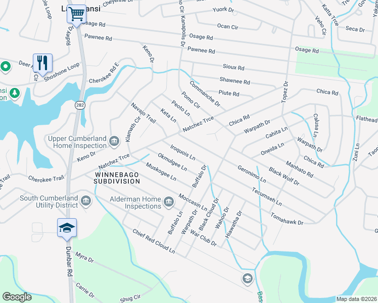 map of restaurants, bars, coffee shops, grocery stores, and more near 908 Geronimo Lane in Crossville