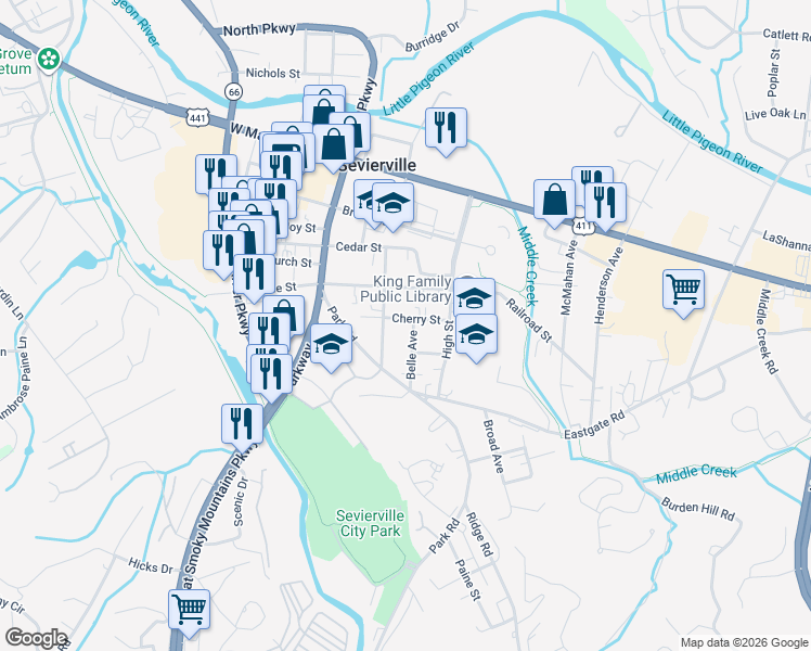 map of restaurants, bars, coffee shops, grocery stores, and more near 318 Cherry Street in Sevierville