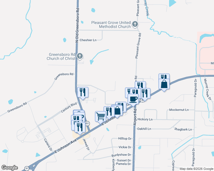map of restaurants, bars, coffee shops, grocery stores, and more near 1913 Pearl Drive in Jonesboro