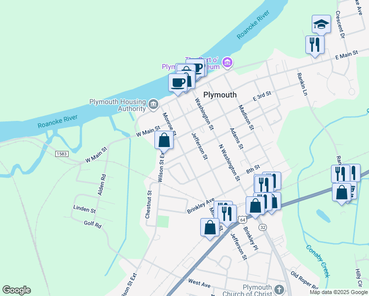 map of restaurants, bars, coffee shops, grocery stores, and more near 318 Monroe Street in Plymouth