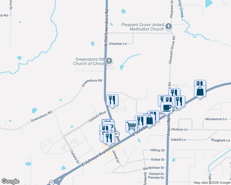 map of restaurants, bars, coffee shops, grocery stores, and more near 3414 Hudson Drive in Jonesboro
