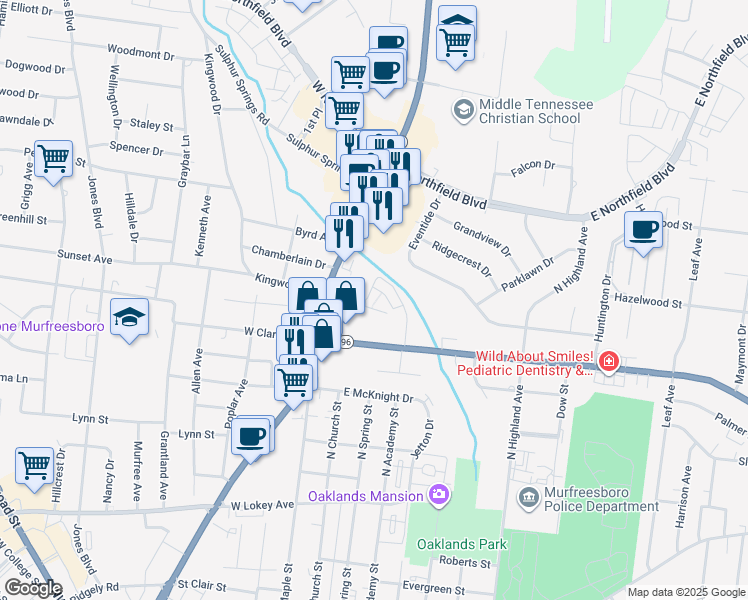map of restaurants, bars, coffee shops, grocery stores, and more near 118 East Kingwood Drive in Murfreesboro