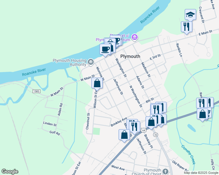 map of restaurants, bars, coffee shops, grocery stores, and more near 318 Monroe Street in Plymouth