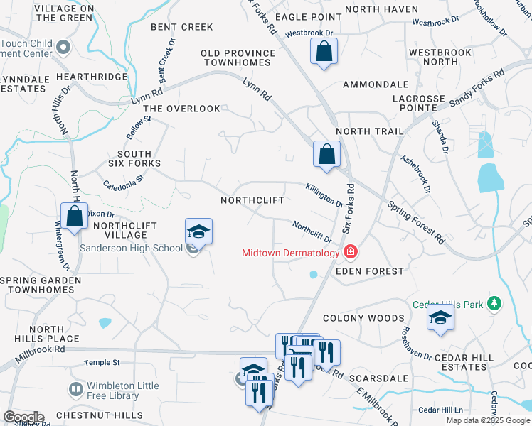 map of restaurants, bars, coffee shops, grocery stores, and more near 404 Northclift Drive in Raleigh