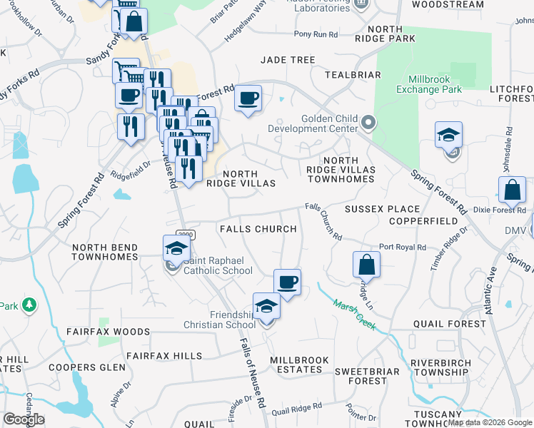 map of restaurants, bars, coffee shops, grocery stores, and more near 1425 Falls Church Road in Raleigh