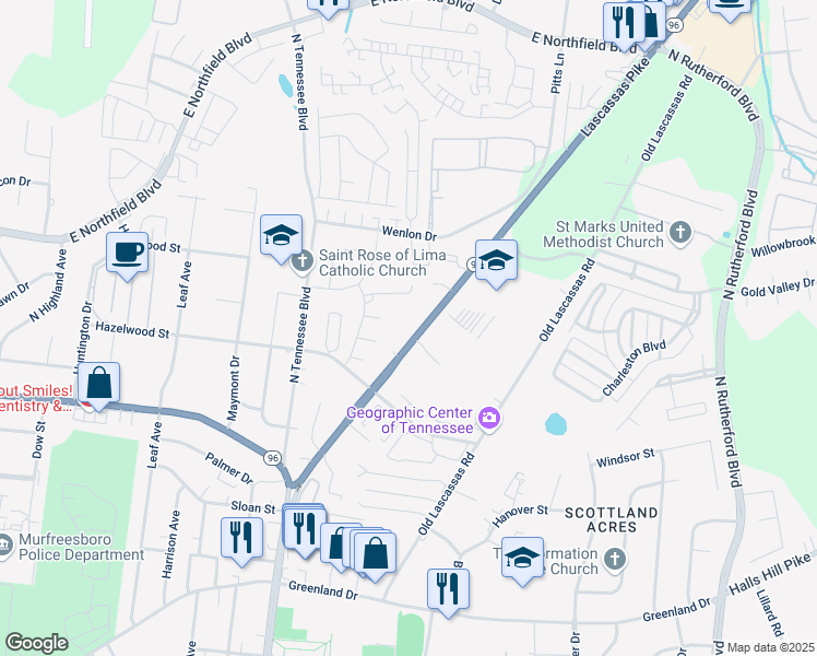 map of restaurants, bars, coffee shops, grocery stores, and more near 1635 New Lascassas Highway in Murfreesboro