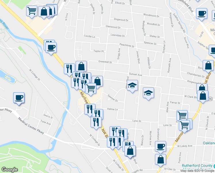 map of restaurants, bars, coffee shops, grocery stores, and more near 1011 West Clark Boulevard in Murfreesboro