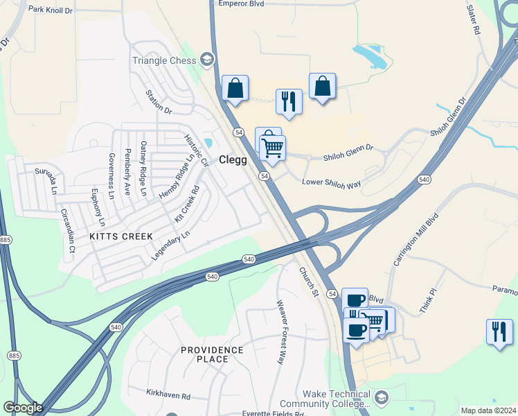 map of restaurants, bars, coffee shops, grocery stores, and more near 161 Durants Neck Lane in Morrisville