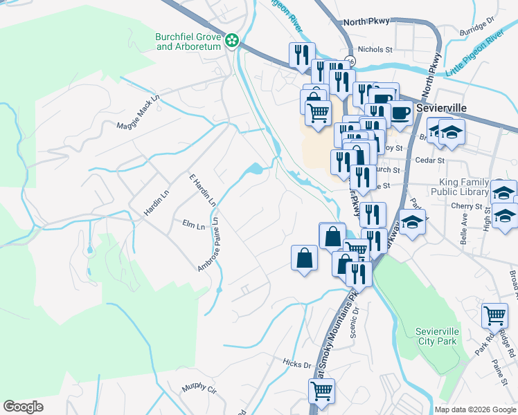 map of restaurants, bars, coffee shops, grocery stores, and more near 233 East Hardin Lane in Sevierville