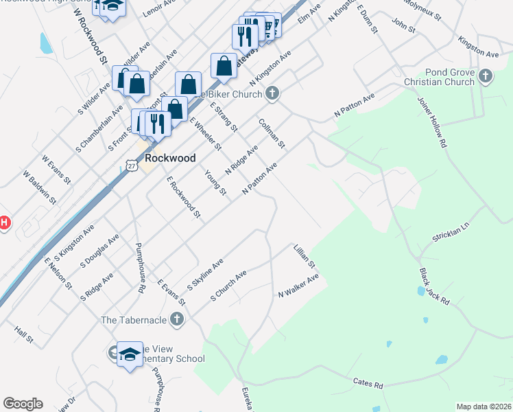map of restaurants, bars, coffee shops, grocery stores, and more near 200 North Patton Avenue in Rockwood