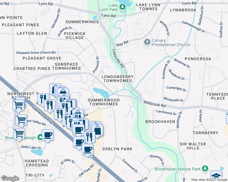 map of restaurants, bars, coffee shops, grocery stores, and more near 6109 Highcastle Court in Raleigh