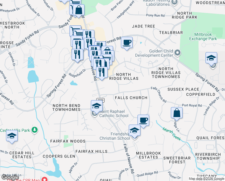 map of restaurants, bars, coffee shops, grocery stores, and more near 1223 Falls Church Road in Raleigh