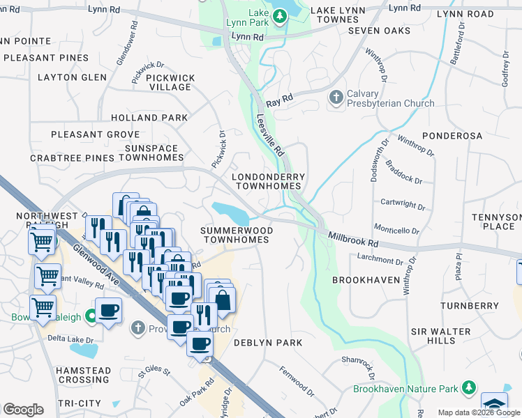 map of restaurants, bars, coffee shops, grocery stores, and more near 6109 Highcastle Court in Raleigh