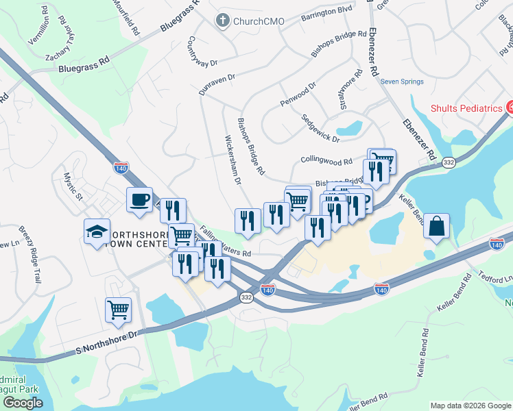 map of restaurants, bars, coffee shops, grocery stores, and more near 1836 Wickersham Drive in Knoxville