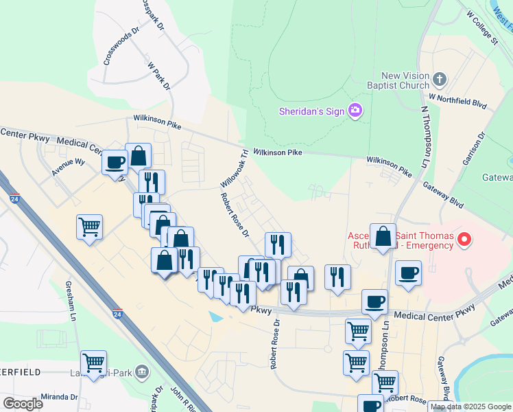 map of restaurants, bars, coffee shops, grocery stores, and more near 2129 Harding Place in Murfreesboro