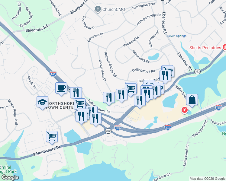 map of restaurants, bars, coffee shops, grocery stores, and more near 1836 Wickersham Drive in Knoxville