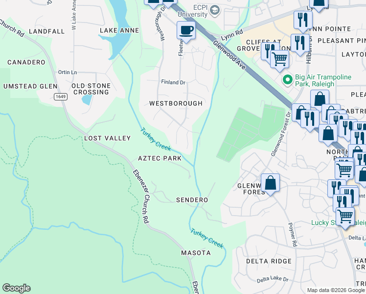 map of restaurants, bars, coffee shops, grocery stores, and more near 5920 Royal Coach Court in Raleigh