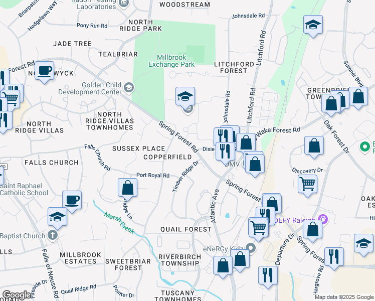 map of restaurants, bars, coffee shops, grocery stores, and more near 2100 Spring Forest Road in Raleigh