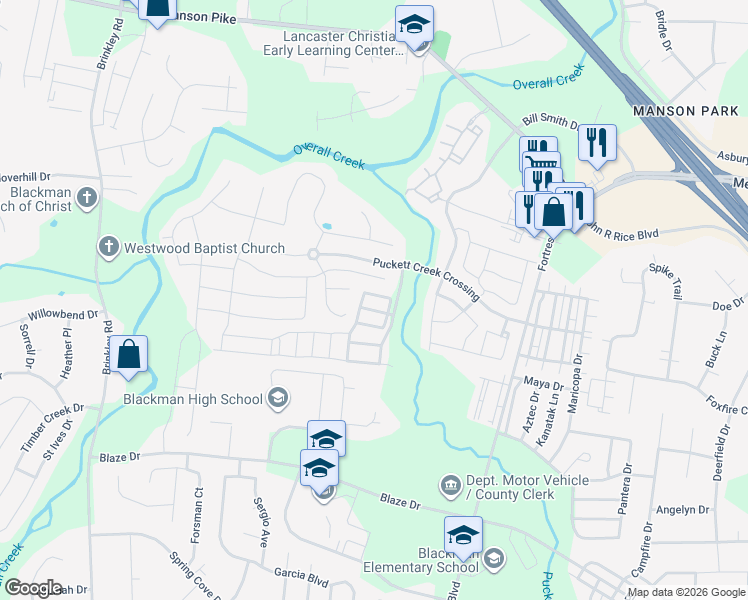 map of restaurants, bars, coffee shops, grocery stores, and more near 4203 Cortez Drive in Murfreesboro