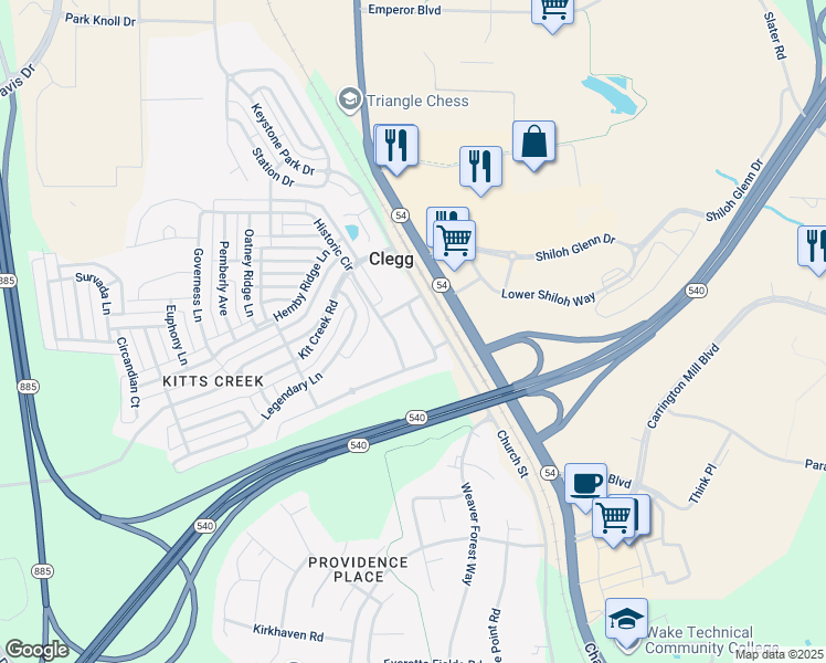 map of restaurants, bars, coffee shops, grocery stores, and more near 132 Durants Neck Lane in Morrisville