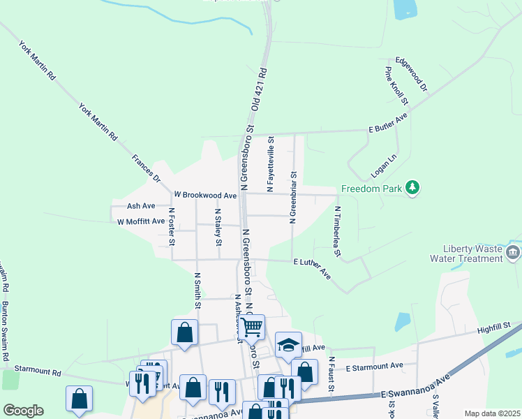 map of restaurants, bars, coffee shops, grocery stores, and more near 105W West Brookwood Avenue in Liberty