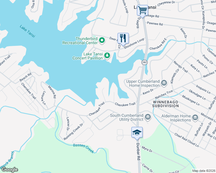 map of restaurants, bars, coffee shops, grocery stores, and more near 125 Peace Pipe Bend in Crossville