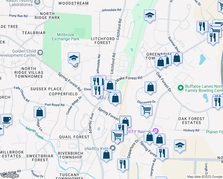 map of restaurants, bars, coffee shops, grocery stores, and more near 6200 Dixie Forest Road in Raleigh