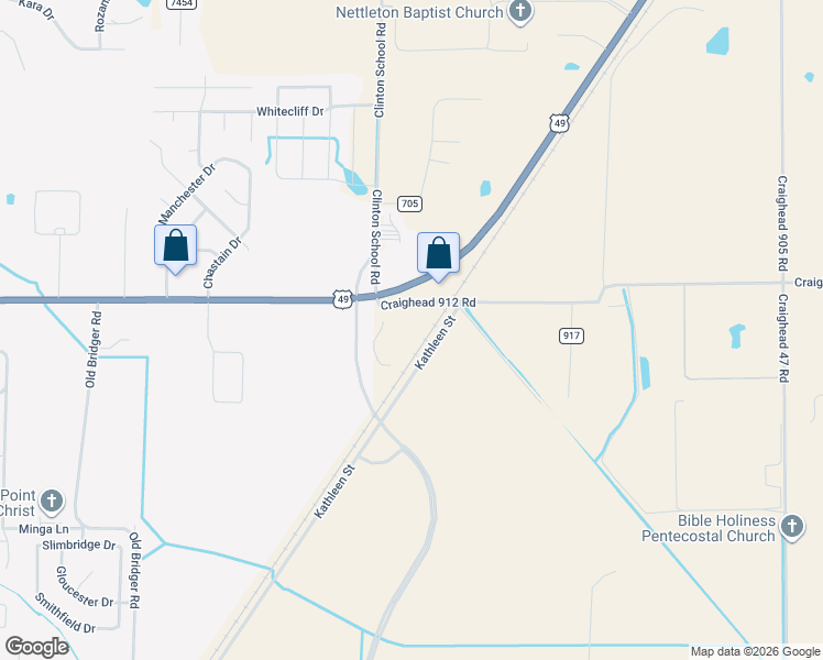 map of restaurants, bars, coffee shops, grocery stores, and more near Whitley Road in Jonesboro