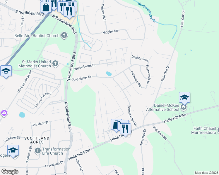 map of restaurants, bars, coffee shops, grocery stores, and more near 1548 Passage Drive in Murfreesboro
