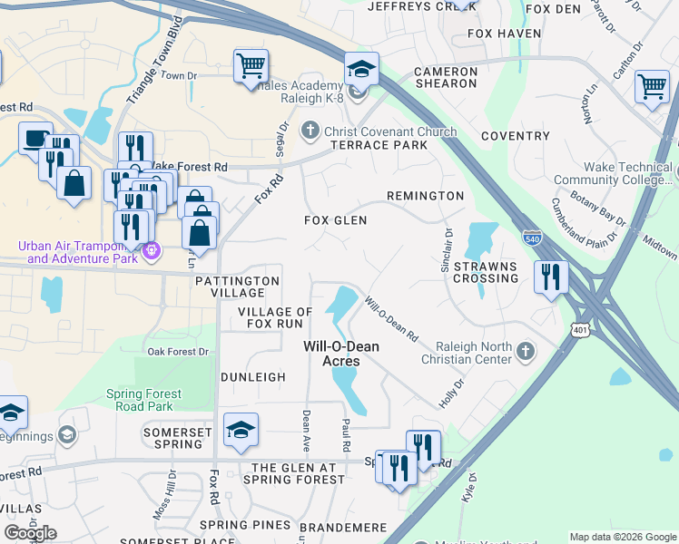 map of restaurants, bars, coffee shops, grocery stores, and more near 4809 Will-O-Dean Road in Raleigh
