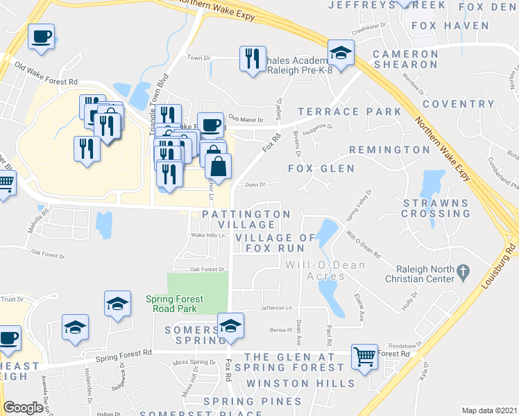 map of restaurants, bars, coffee shops, grocery stores, and more near 4621 Malone Court in Raleigh