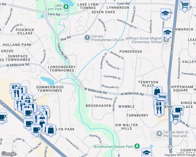 map of restaurants, bars, coffee shops, grocery stores, and more near 6116 Chatford Drive in Raleigh