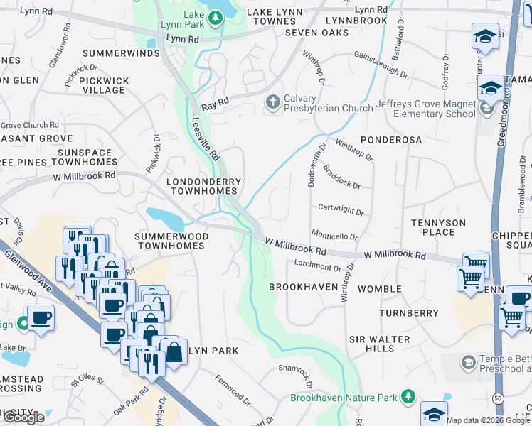 map of restaurants, bars, coffee shops, grocery stores, and more near 6101 Westglen Drive in Raleigh