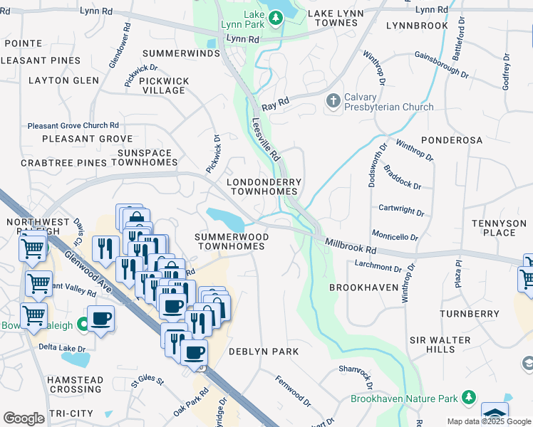 map of restaurants, bars, coffee shops, grocery stores, and more near 3620 Plumbridge Court in Raleigh
