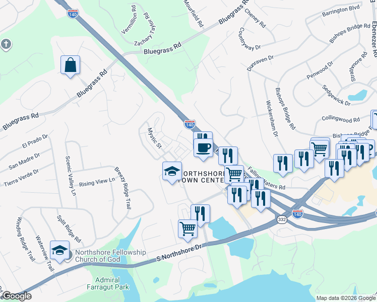 map of restaurants, bars, coffee shops, grocery stores, and more near 9835 Clingmans Dome Drive in Knoxville