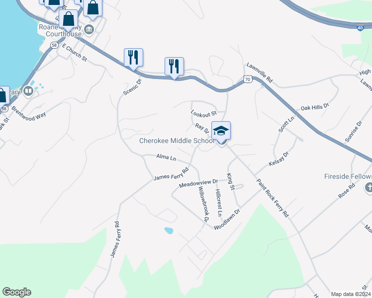 map of restaurants, bars, coffee shops, grocery stores, and more near 1000 James Ferry Road in Kingston