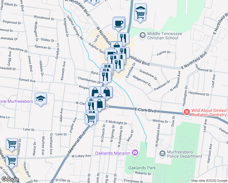 map of restaurants, bars, coffee shops, grocery stores, and more near 118 East Kingwood Drive in Murfreesboro