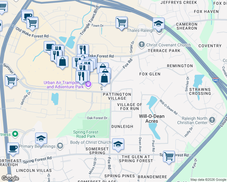 map of restaurants, bars, coffee shops, grocery stores, and more near 6104 Fox Road in Raleigh
