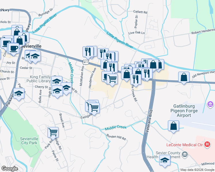 map of restaurants, bars, coffee shops, grocery stores, and more near 741 Dolly Parton Parkway in Sevierville