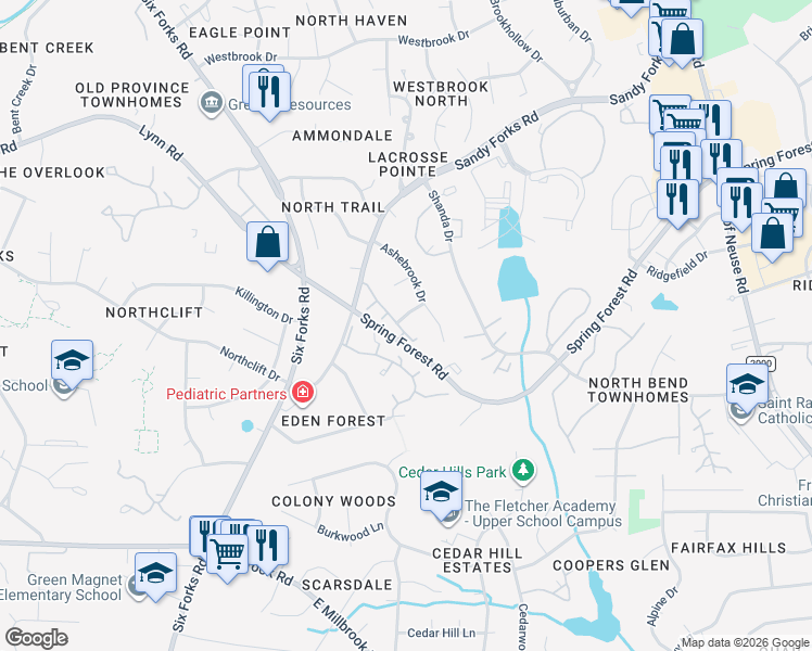 map of restaurants, bars, coffee shops, grocery stores, and more near 6316 Lynn Meadow Circle in Raleigh