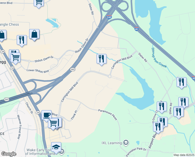 map of restaurants, bars, coffee shops, grocery stores, and more near 3020 Carrington Mill Boulevard in Morrisville