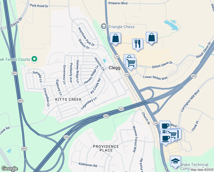 map of restaurants, bars, coffee shops, grocery stores, and more near 1329 Legendary Lane in Morrisville