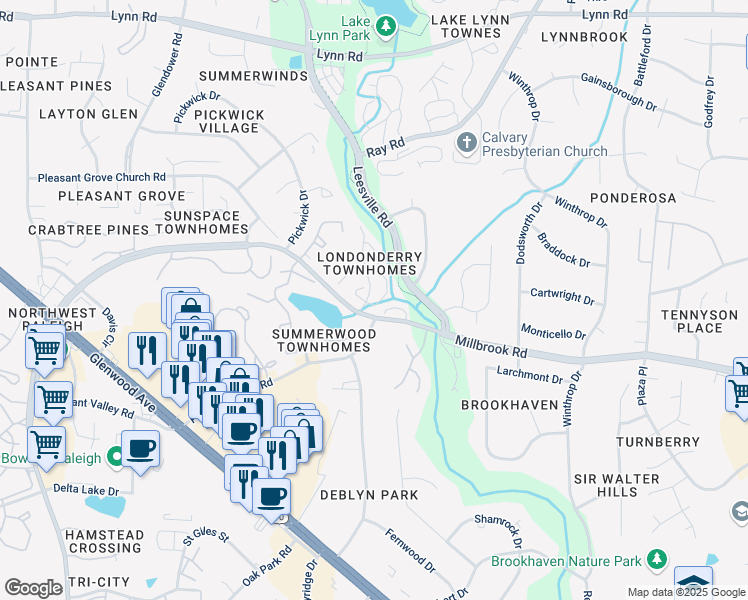 map of restaurants, bars, coffee shops, grocery stores, and more near 3620 Plumbridge Court in Raleigh