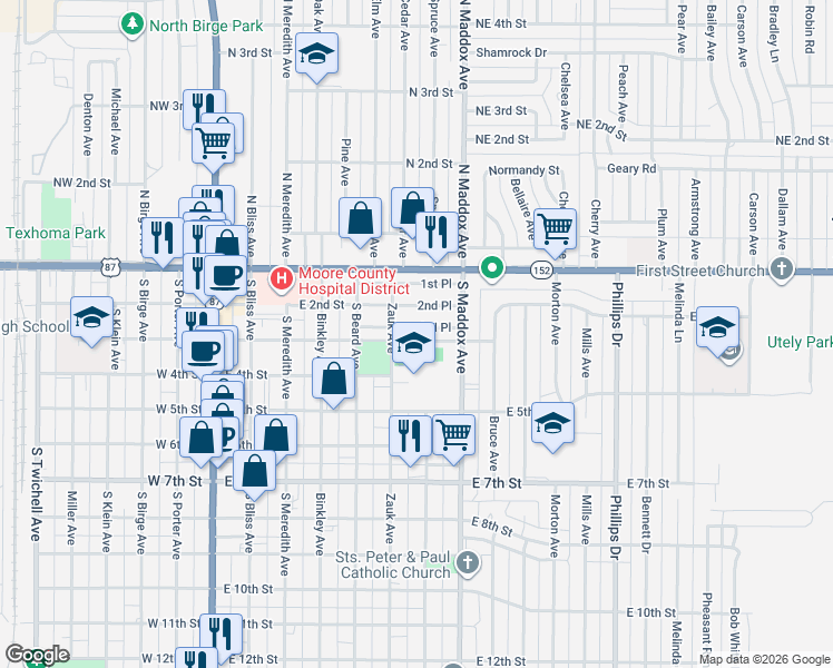 map of restaurants, bars, coffee shops, grocery stores, and more near 601-799 3rd Place in Dumas